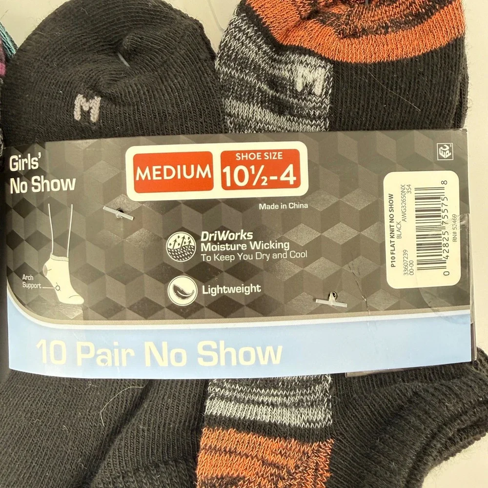 Athletic Works Girls Medium 10.5-4 No Show Socks 20 Pair Black DriWorks Athletic